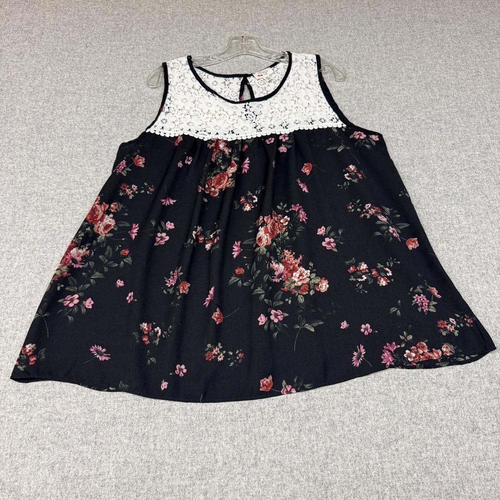 Cherry on Top Floral Lace Yoke Sleeveless Blouse 2X Black Pink Boho Keyhole Back
